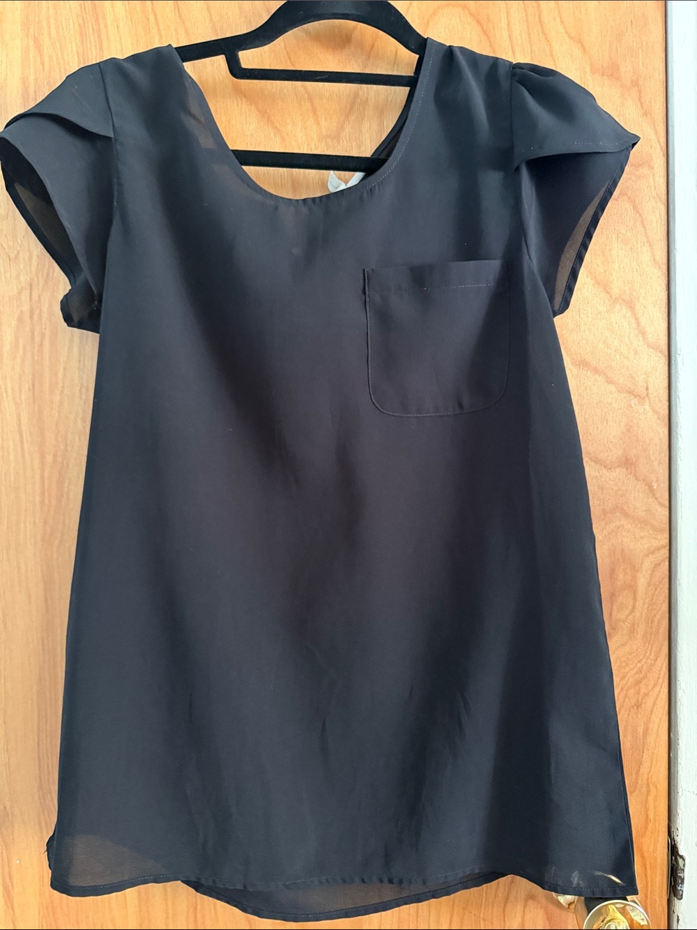 Japna Black Short-Sleeve Scoop Neck Blouse with Chest Pocket